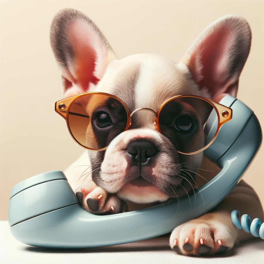 French bulldog puppy on the phone with glasses